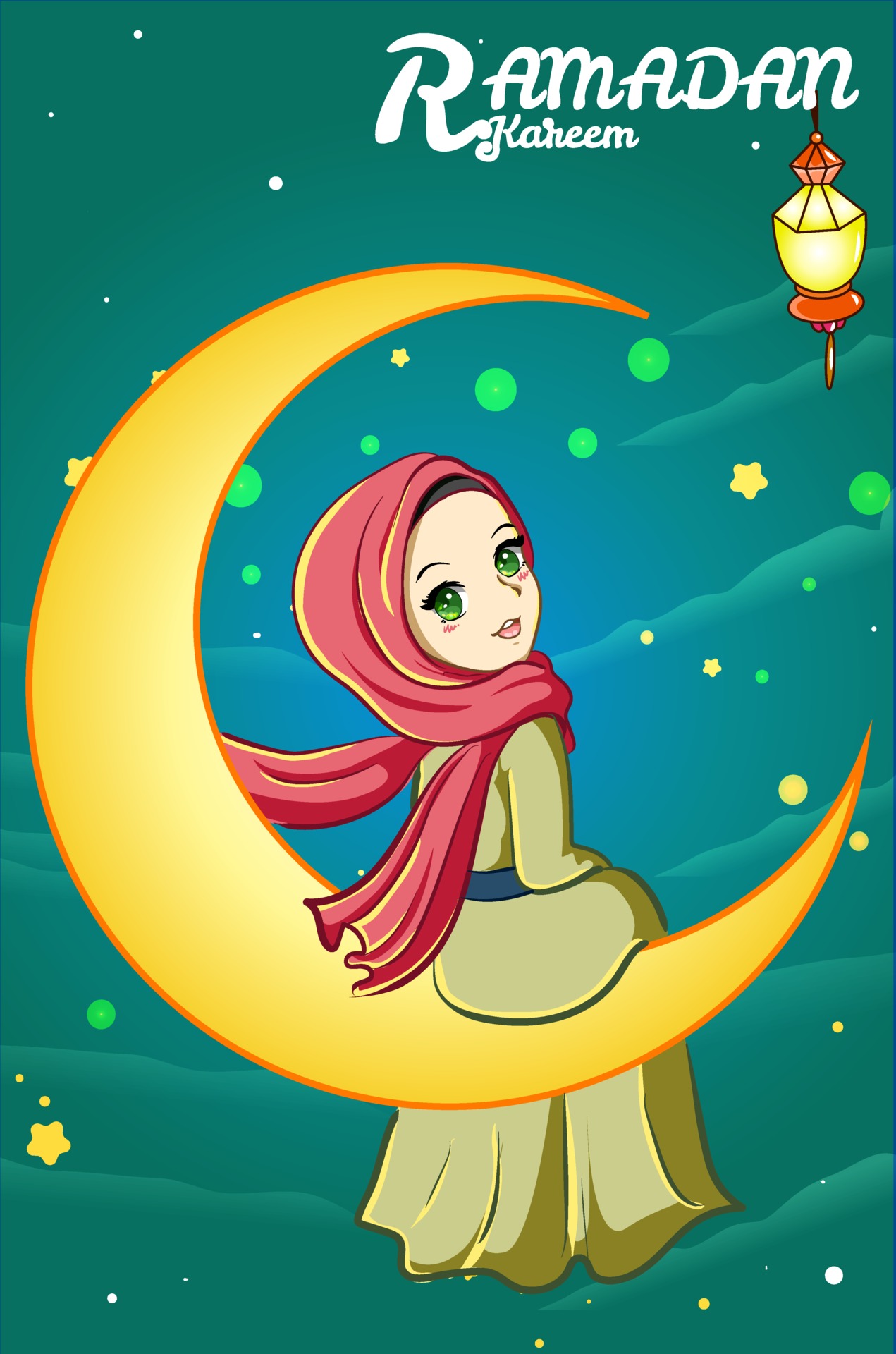 Muslim girl with lantern and moon ramadan kareem cartoon illustration  2294402 Vector Art at Vecteezy