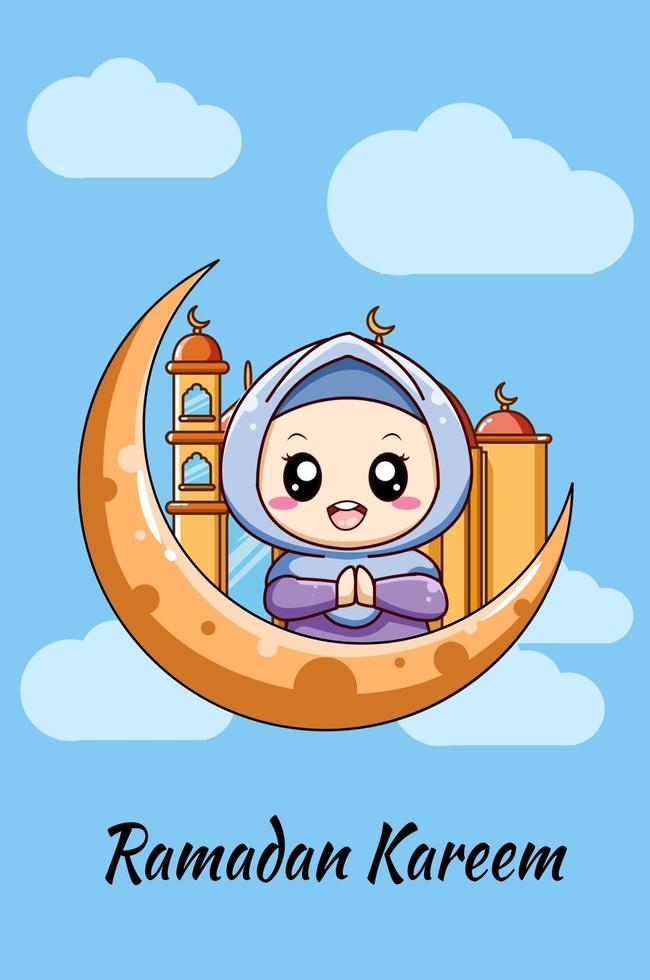 Little muslim girl with moon and mosque cartoon illustration vector