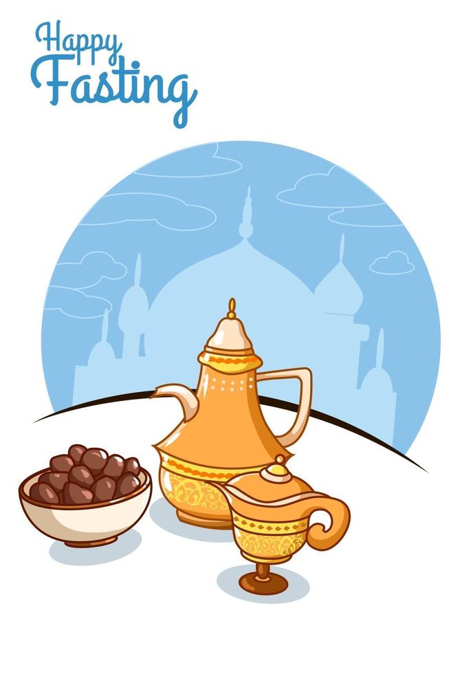 Happy fasting with tea and dates at ramadan mubarak cartoon illustration vector