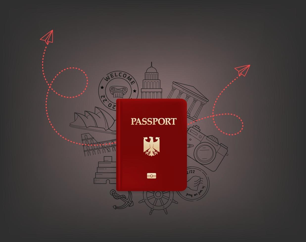 concepto de viaje mundial con pasaporte y elementos de garabatos vector