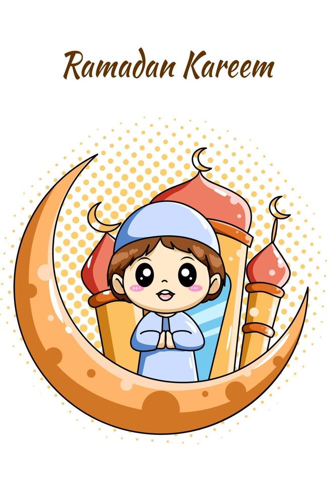 Cute muslim boy with moon and mosque at ramadan kareem cartoon illustration vector