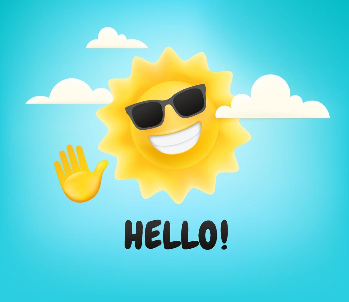 Happy cute sun character with hand. Say hello vector