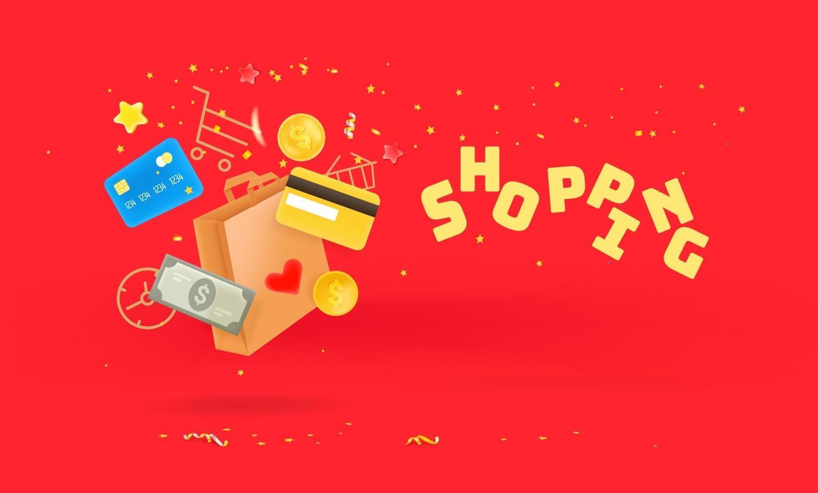 Shopping time concept. Shopping bag, credit cards and money falling down. 3d style cute illustration vector