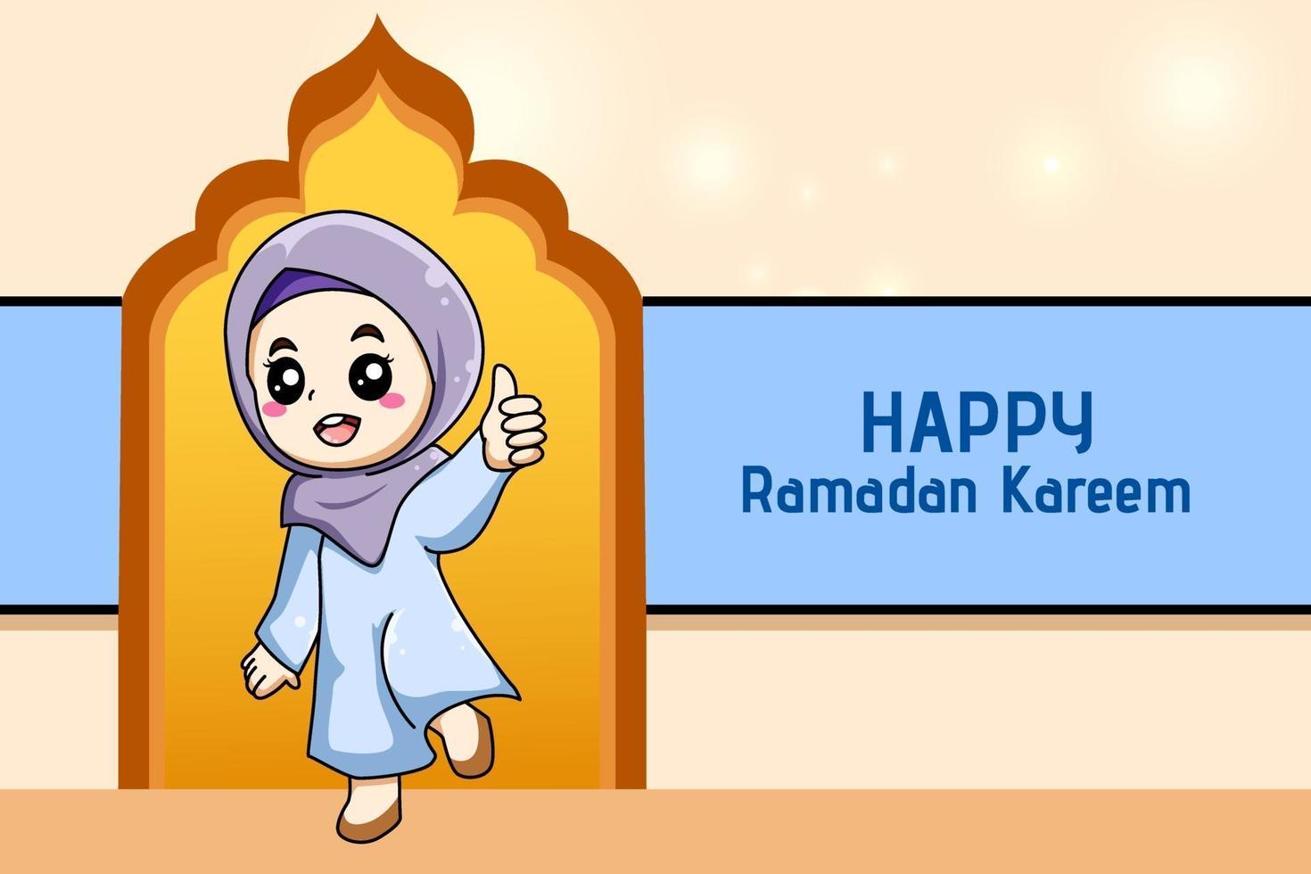 Cute muslim girl happy at ramadan kareem cartoon illustration vector