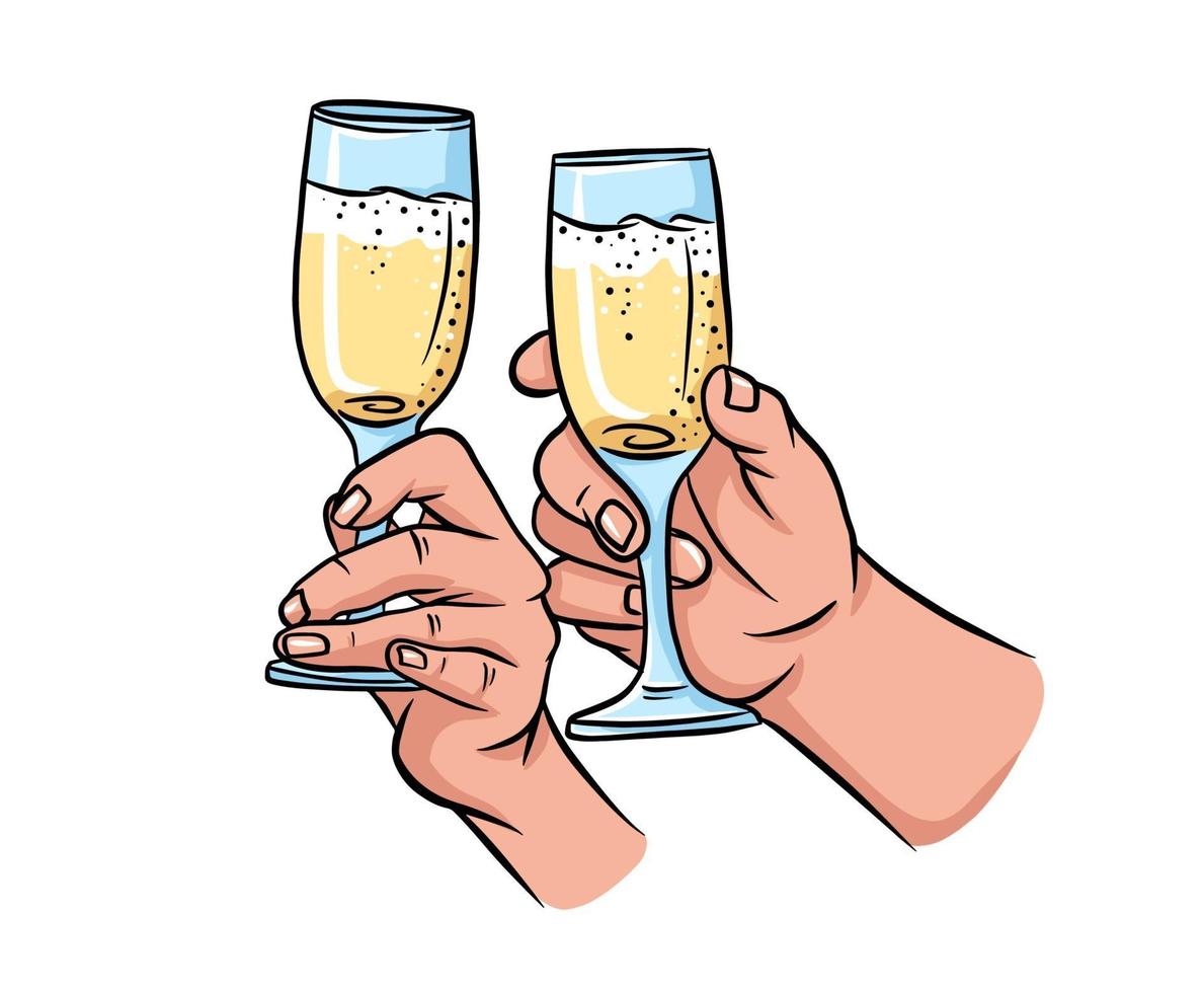 Two hands with champagne glasses. vector