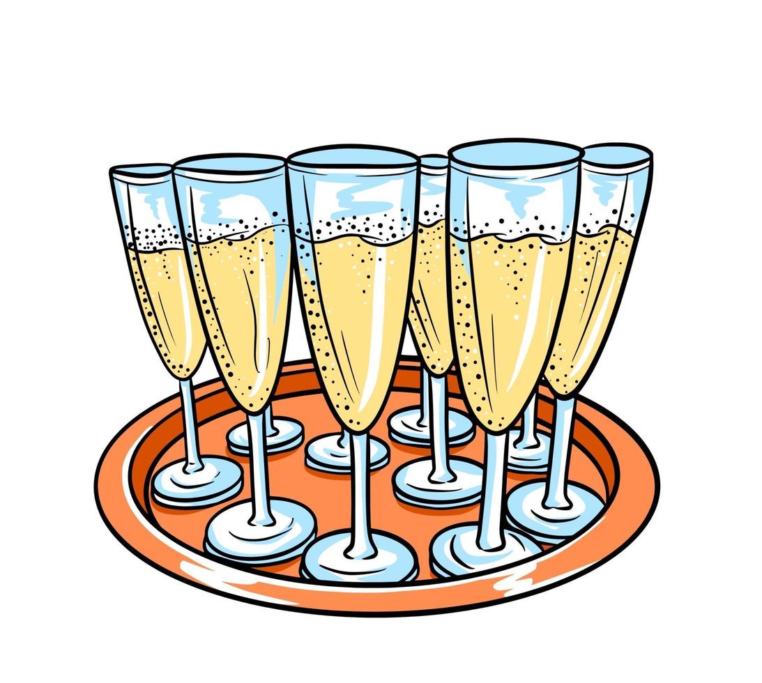 Tray with champagne glasses in cartoon style. vector