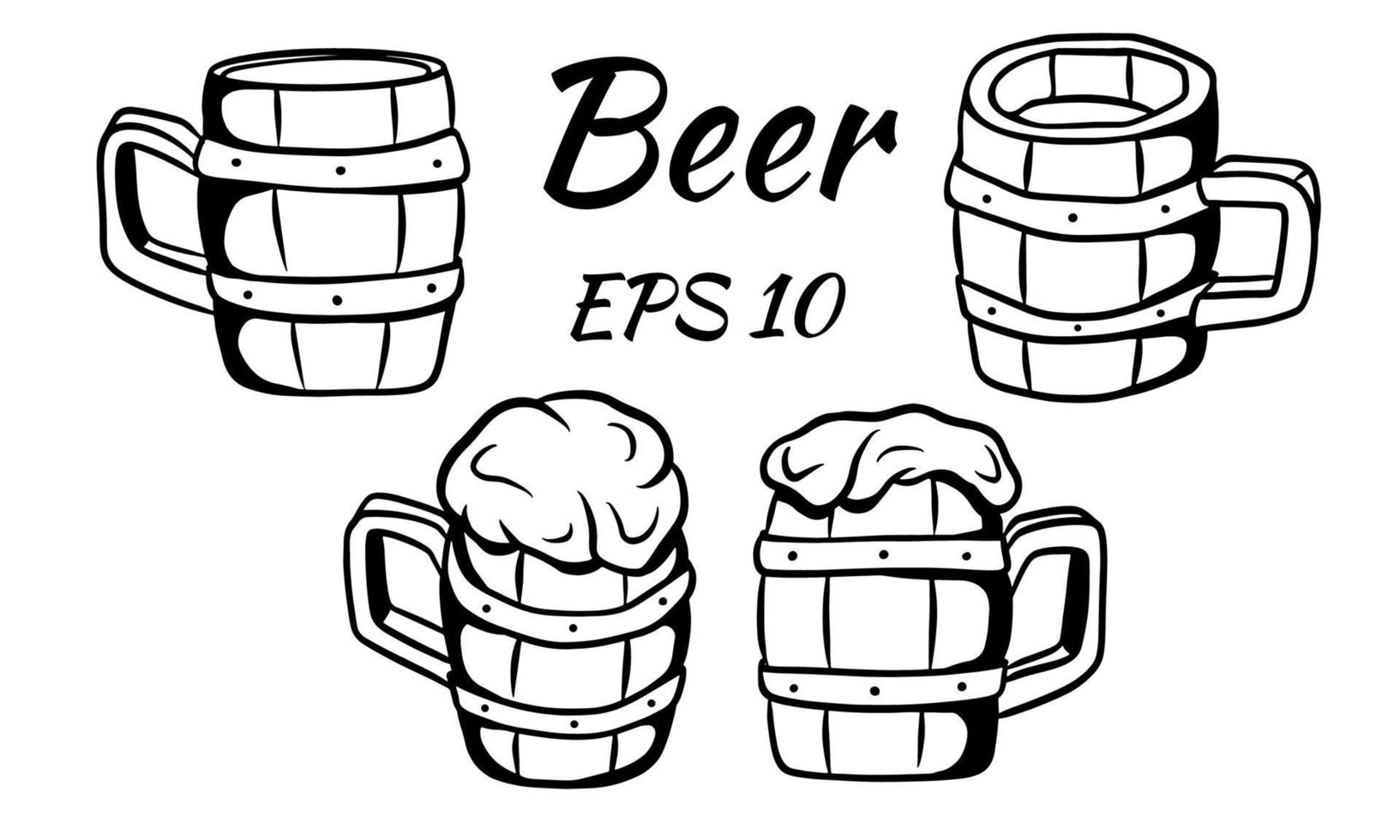 Collection of wooden mugs for beer. Two empty and two full. vector