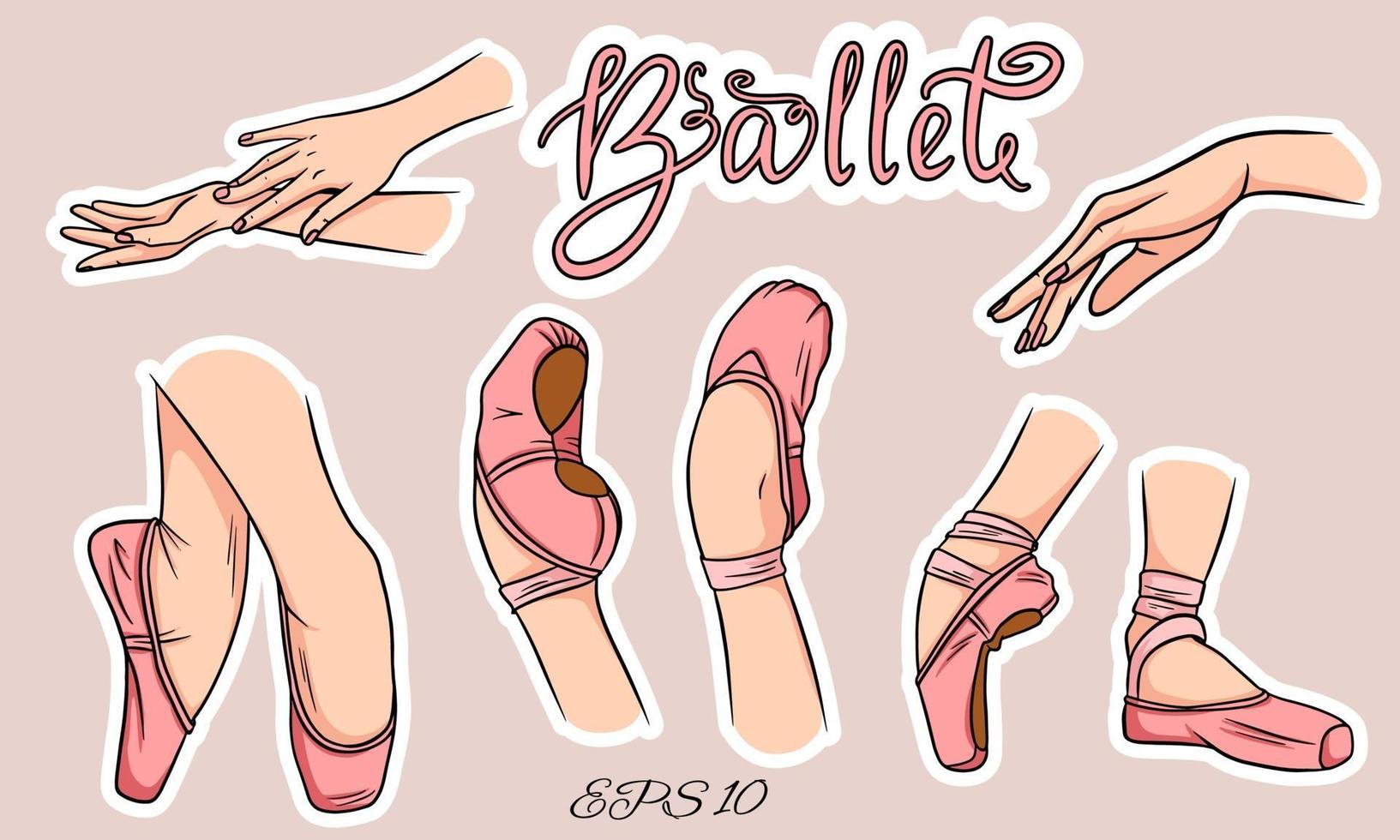 Set of ballet shoes and hands. Womens legs in ballet shoes. vector