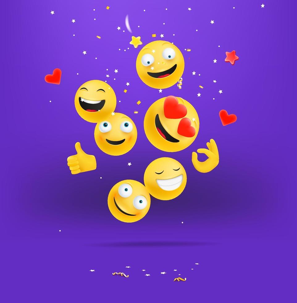 Happy emojis falling down concept. Smiling and laughing emoticons crowd vector