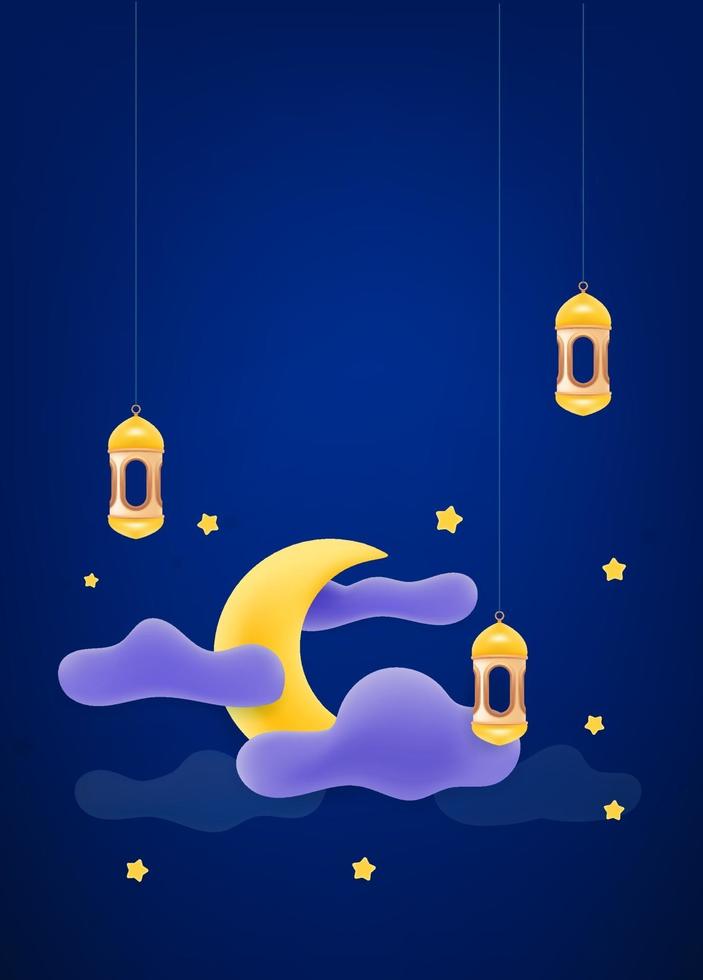 Islamic holidays decoration. Vector banner with moon and clouds. Vector banner with copy space
