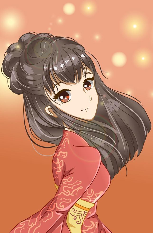 Cute and beautiful girl with red kimono design character cartoon illustration vector