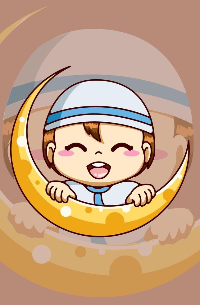 lindo niño musulmán con luna en ramadan kareem ilustración de dibujos animados vector