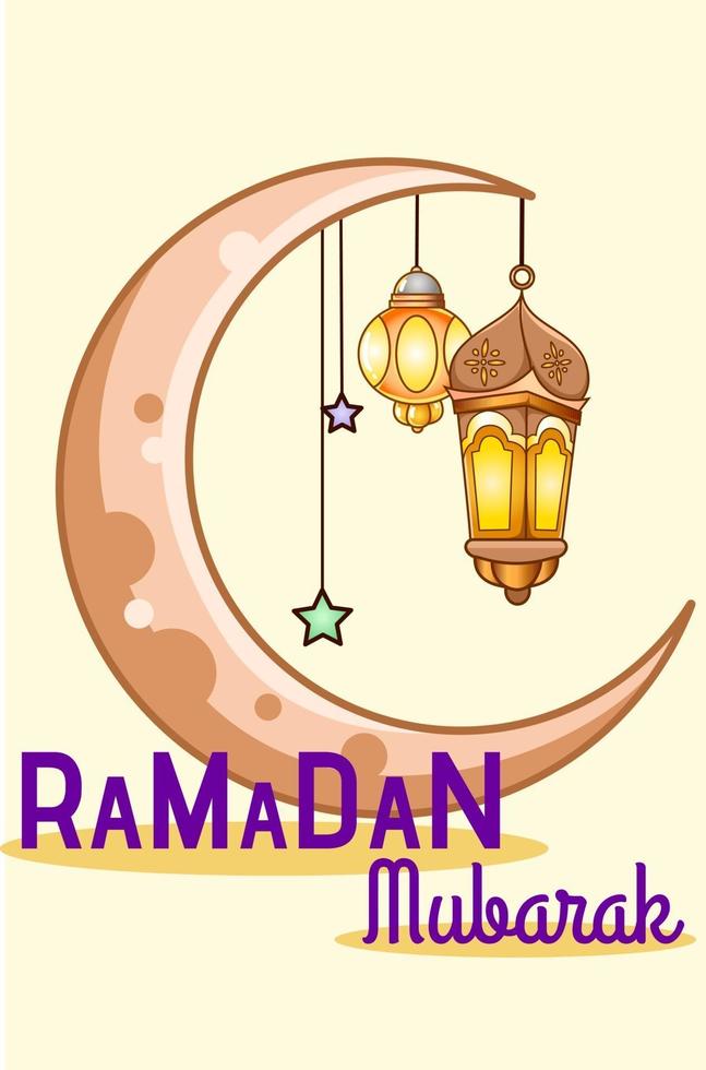 Moon and lantern at ramadan mubarak cartoon illustration vector