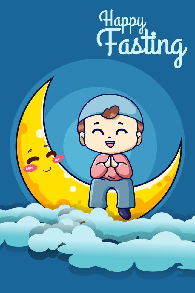 lindo niño musulmán con linda luna en la ilustración de dibujos animados de la noche de ramadán vector