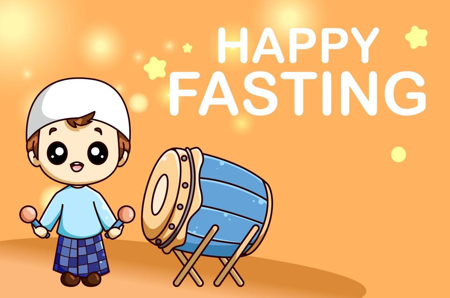 Cute muslim boy with mosque drum happy fasting at ramadan kareem cartoon illustration vector