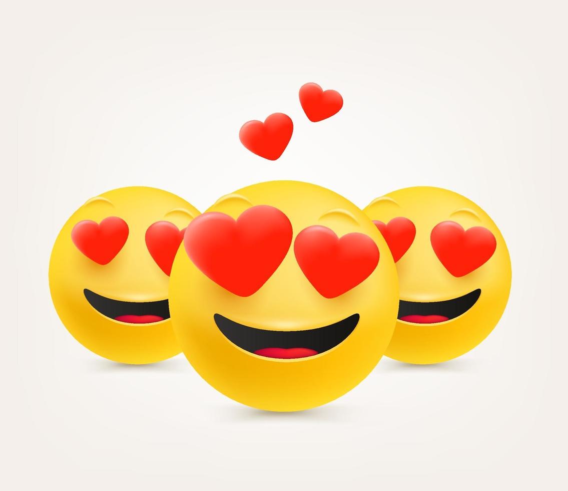 Love emoticons with hearts. Emoticons in cute 3d style vector set isolated on white