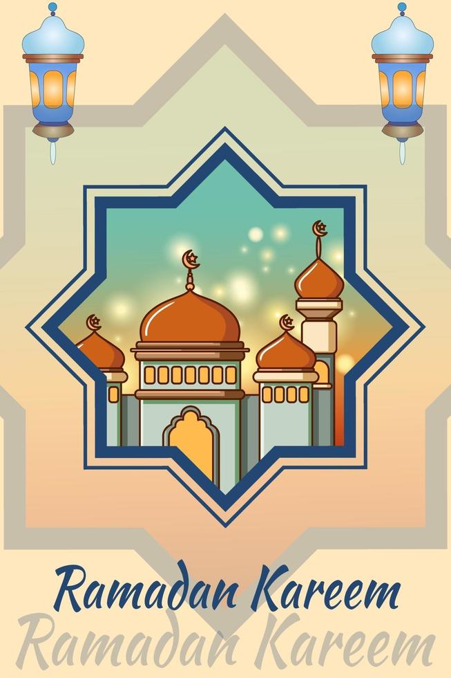 Beautiful gold mosque view in ramadan kareem background cartoon illustration vector