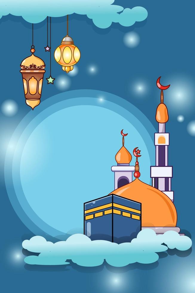 Mecca, mosque and lantern design background cartoon illustration vector