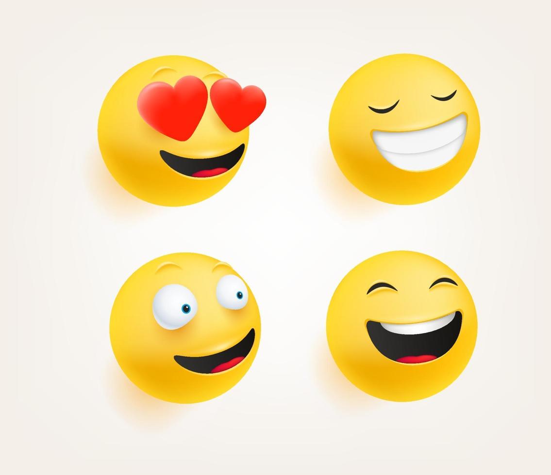 Emoticons in cute 3d style vector set isolated on white. Love, laugh, smiling