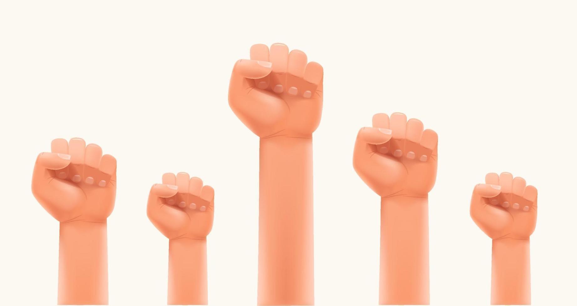 Men fists up in the air. Strike or human power concept vector