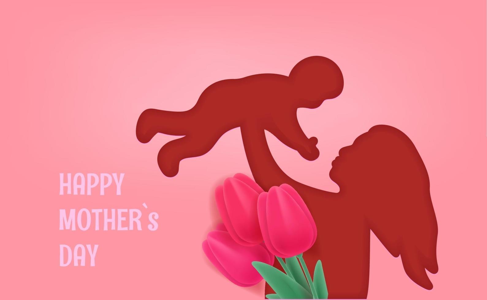 Woman holding a baby. Happy Mothers day vector banner. Cut out effect with woman silhouette