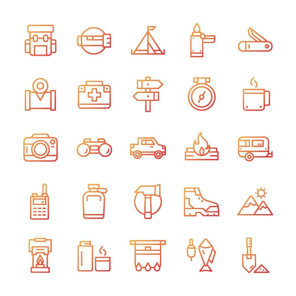 conjunto de iconos de camping de senderismo con estilo degradado. vector