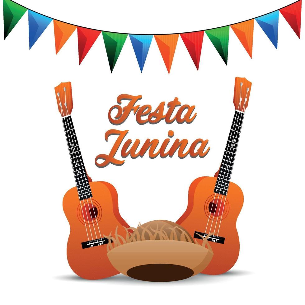 festa junina geeting card con guitarra creativa y bandera de fiesta vector