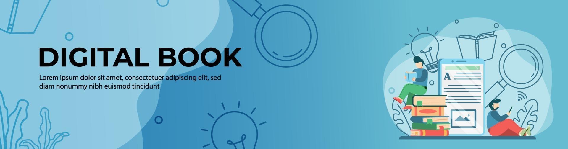 Digital Book  Banner Design. student Reading online Book on tablet