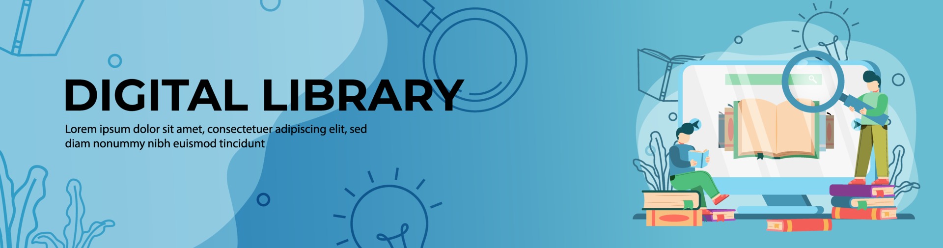 Digital Library Web Banner Design. student Reading and searching online ...