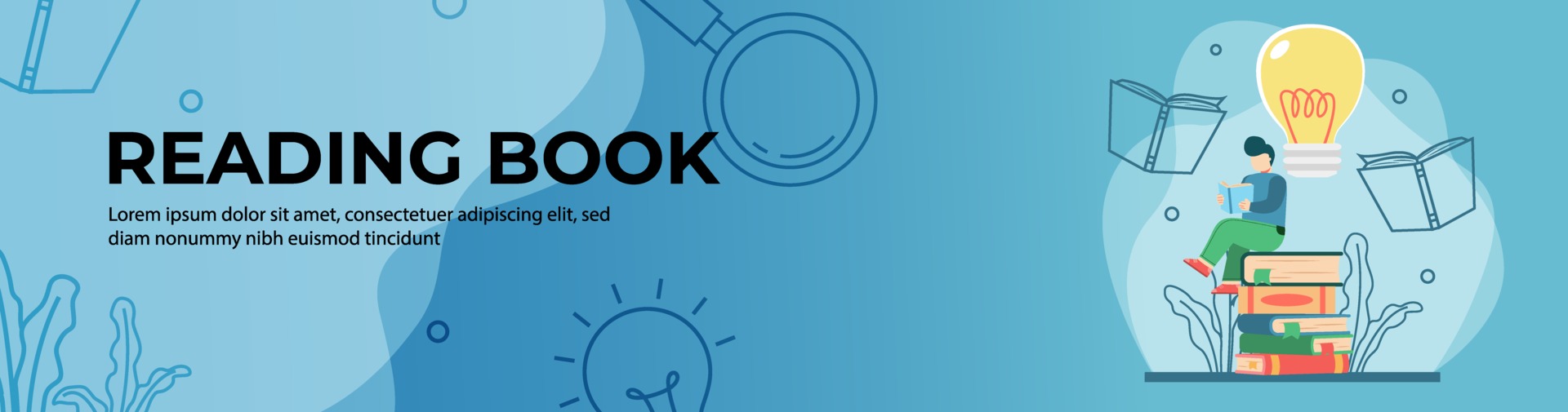 Reading Book Web Banner Design. student reading book on stack of book