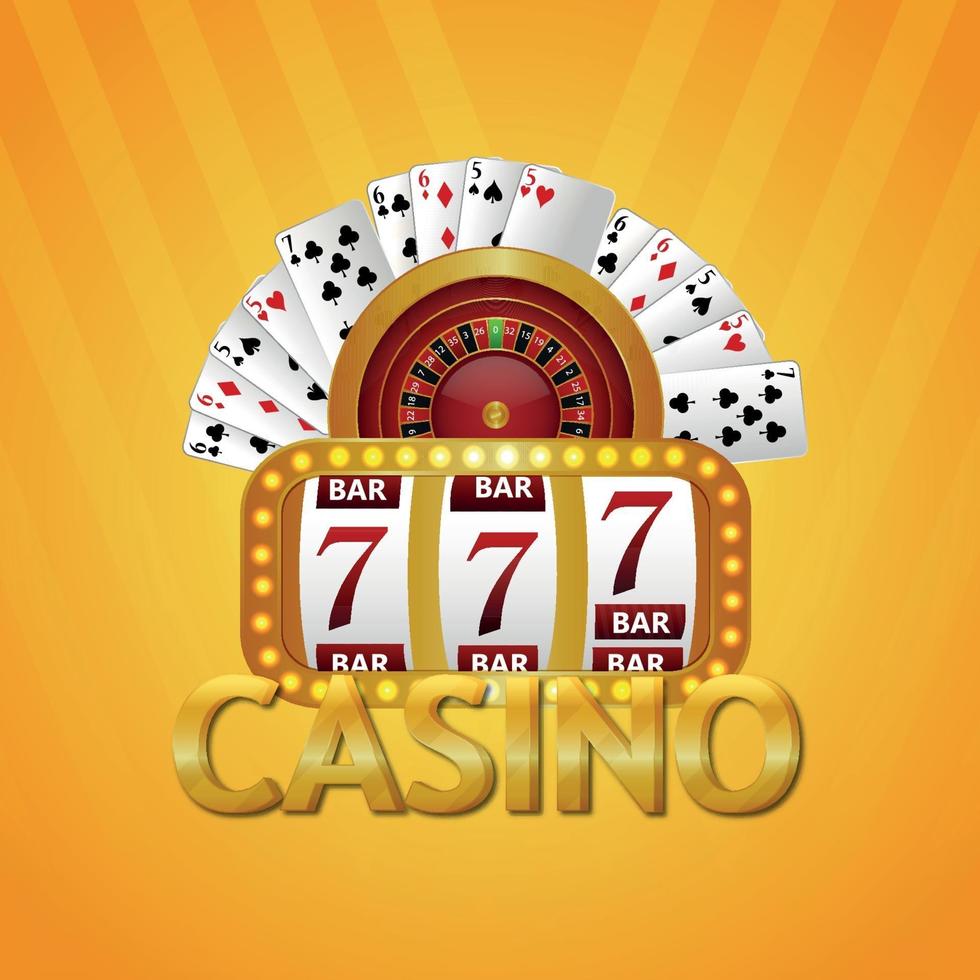 Casino gambling game with vector illustration of playing cards, slot machine and roulette wheel