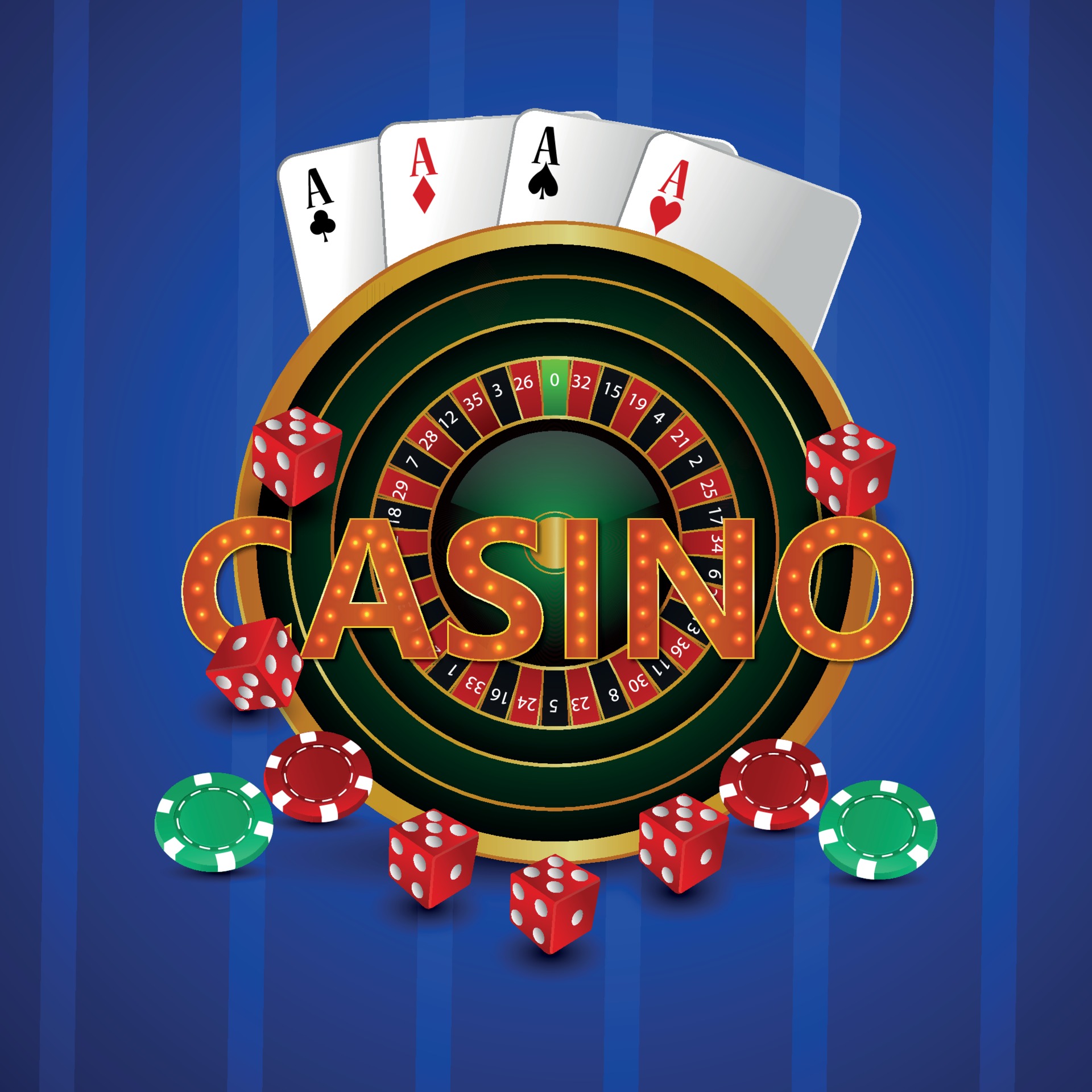Casino roulette wheel with playing cards, chips and dice on creative