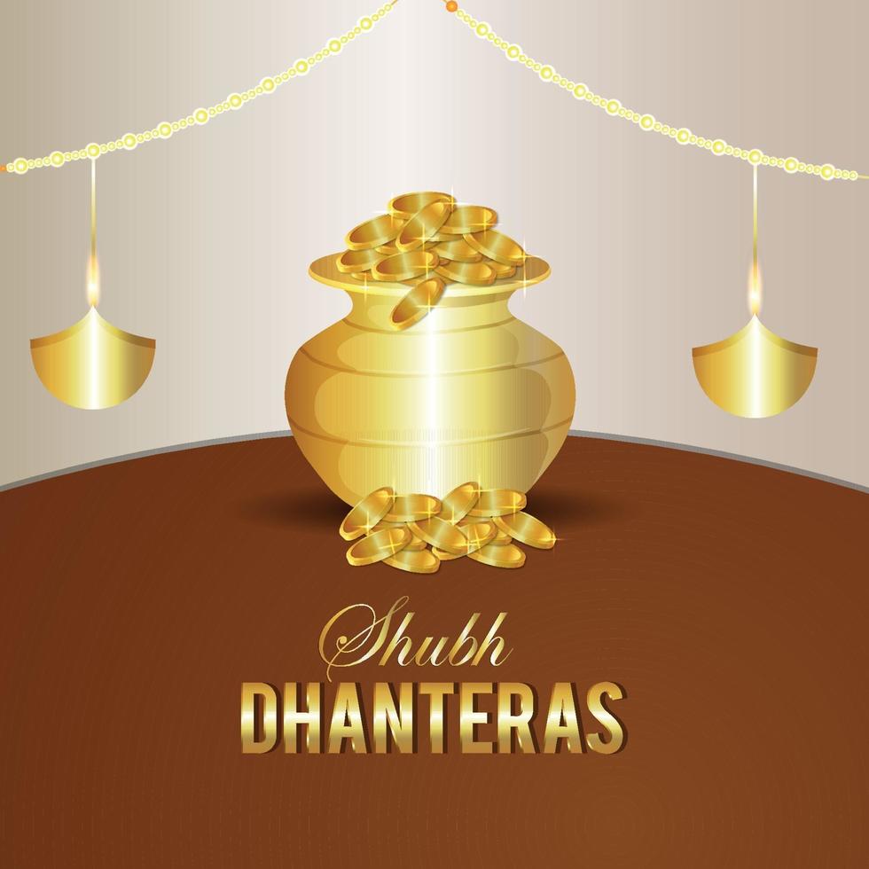 Shubh dhanteras invitation greeting card with vector gold coin pot and lotus flower