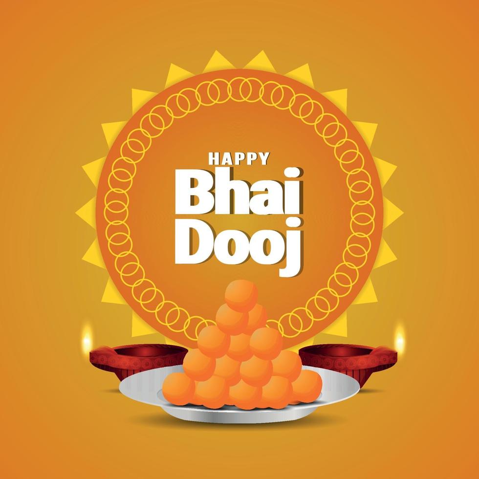 Happy bhai dooj invitattion greeting card with creative vector sweet and diwali diya