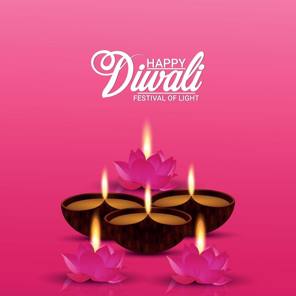 Diwali festival design with burning oil diya and lotus flower candle vector