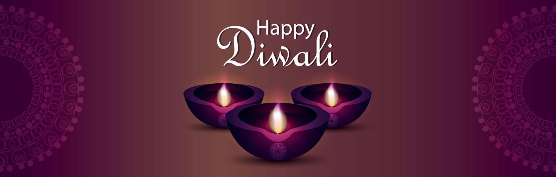 Happy diwali festival of light invitation banner with creative diwali diya vector