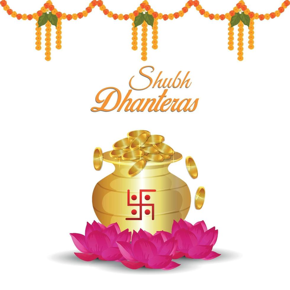 Shubh dhanteras invitation greeting card with vector gold coin pot and lotus flower