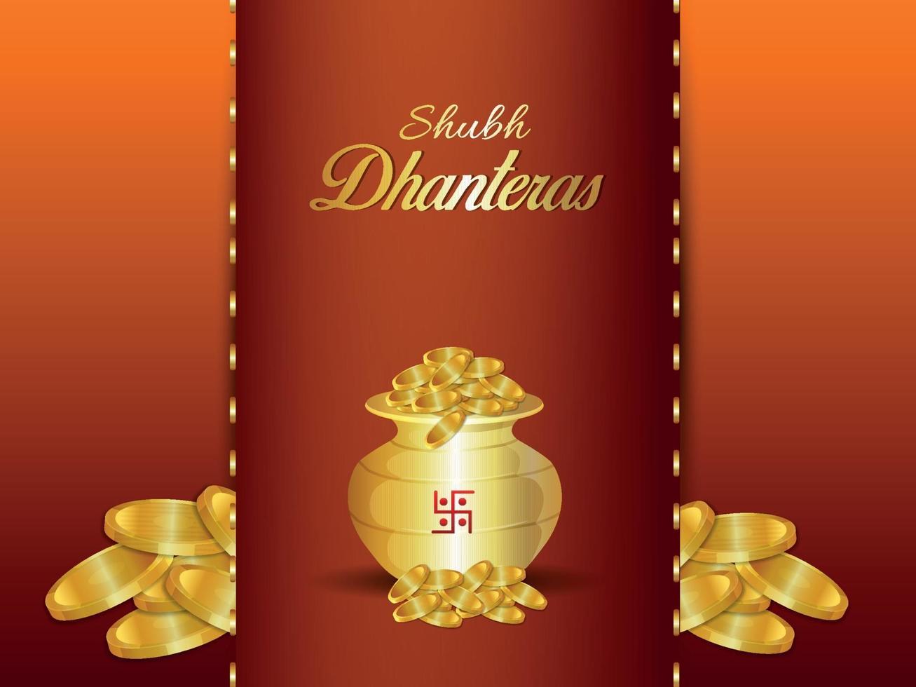 Tarjeta de felicitación de celebración de shubh dhanteras con olla de monedas de oro creativa sobre fondo creativo vector