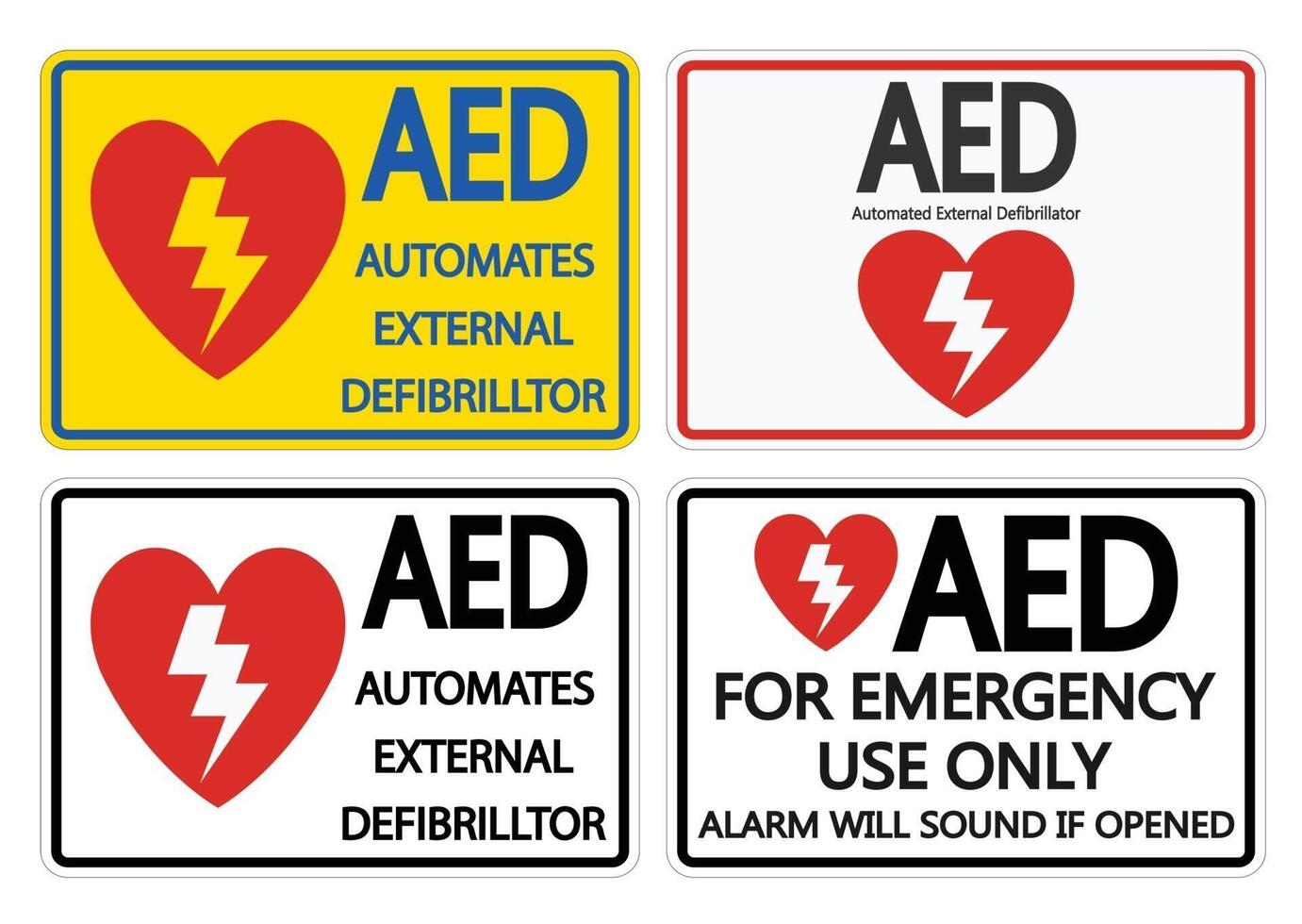 Establecer símbolo etiqueta de señal AED sobre fondo blanco. vector