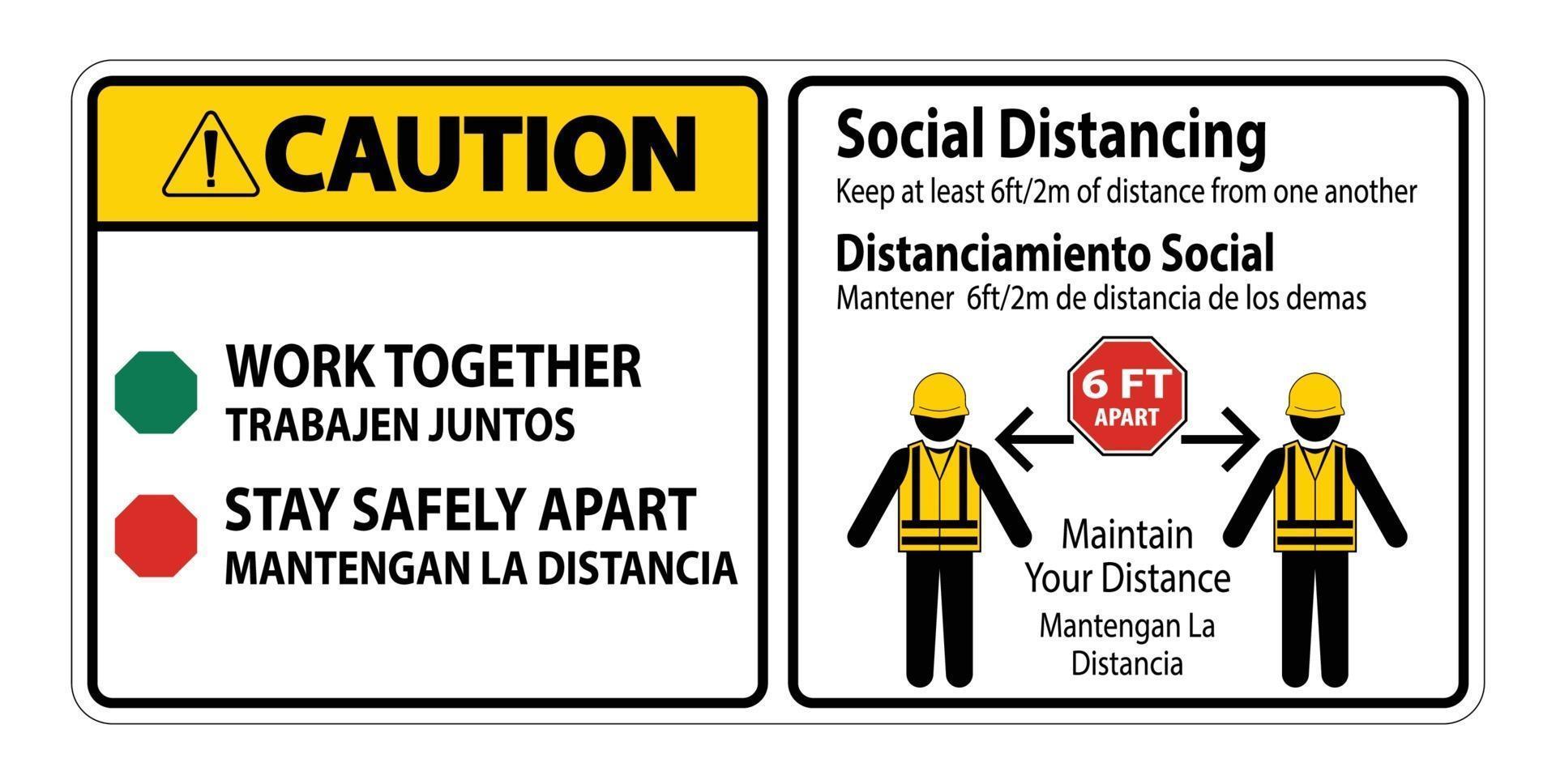 Caution Bilingual Social Distancing Construction Sign Isolate On White Background,Vector Illustration EPS.10 vector