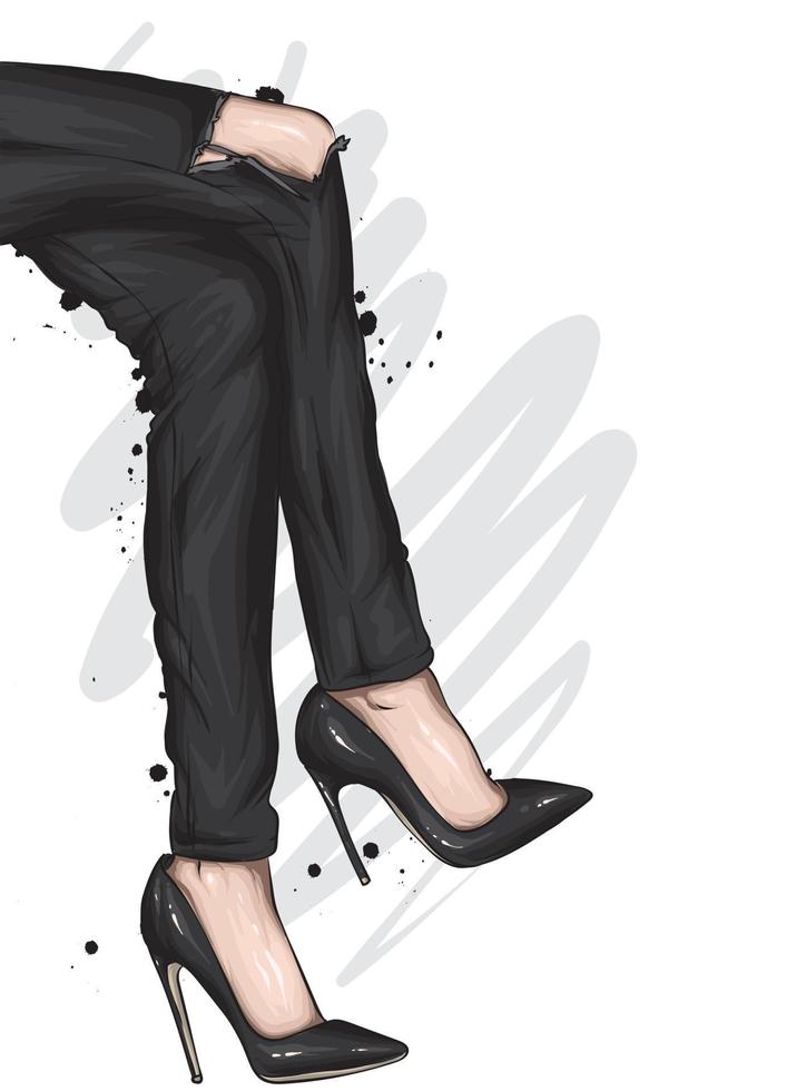 Women's legs in stylish high-heeled shoes. Fashion and style, clothing and accessories. vector