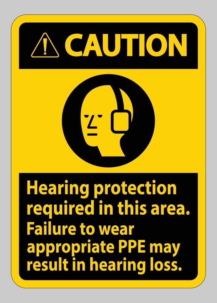 Caution Sign Hearing Protection Required In This Area, Failure To Wear Appropriate PPE May Result In Hearing Loss vector