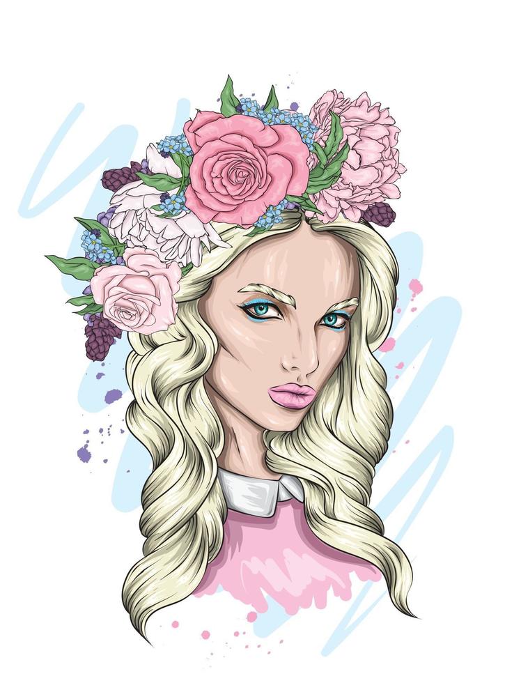 Portrait of a beautiful girl in a floral wreath. Fashion and style, clothing and accessories. vector