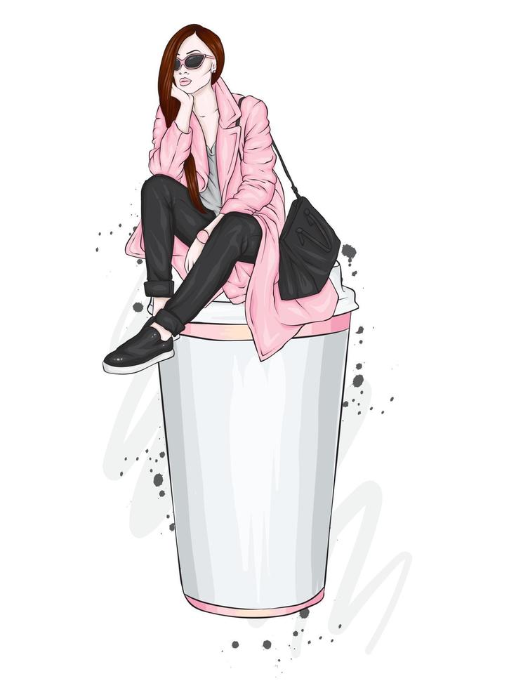 Beautiful girl in stylish clothes and with a glass of coffee. Fashion and Style. vector