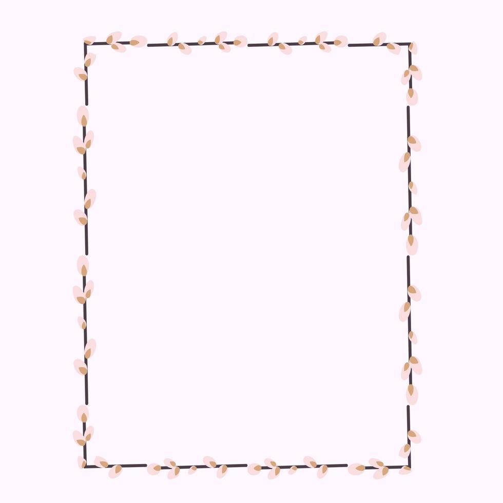 Rectangular Easter frame with willow twigs.Vector flat illustration isolated on a white background. Design for invitations, postcards, printing. vector