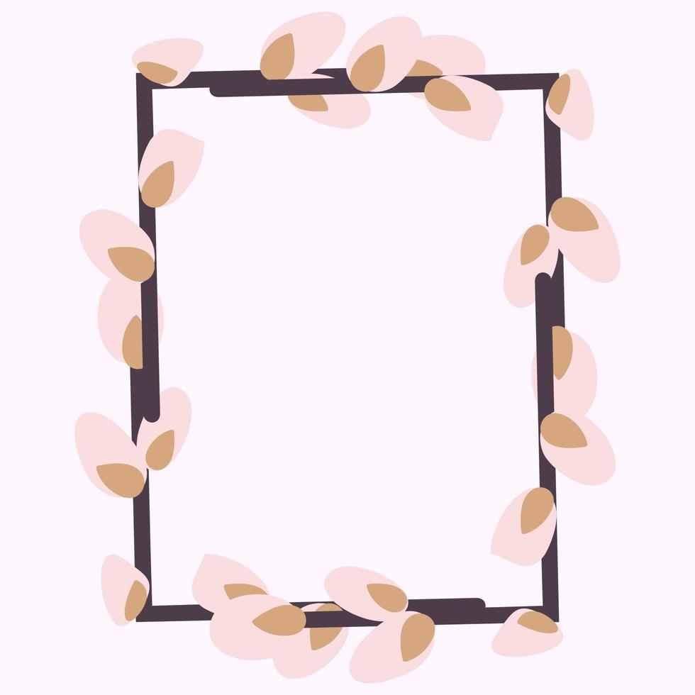 Rectangular Easter frame with willow twigs.Vector flat illustration isolated on a white background. Design for invitations, postcards, printing. vector