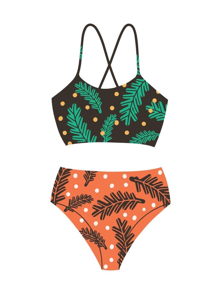 Female two-piece swimsuit with floral print. Modern fashion stylish swimsuit. Vector Flat Cartoon Illustration. Bathing clothes