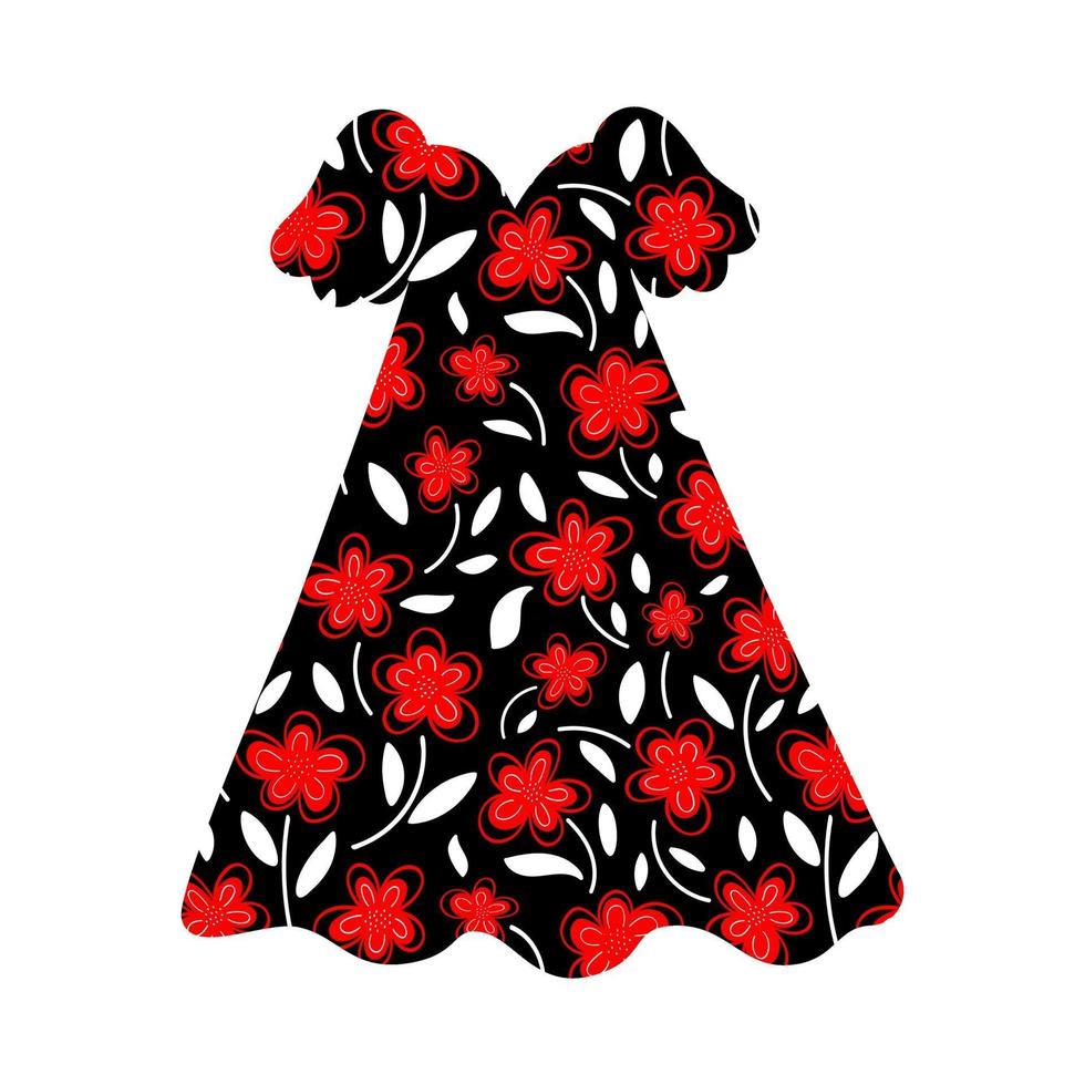 Vestido de mujer de verano con un estampado floral brillante. Ilustración de dibujos animados plano de vector. vector