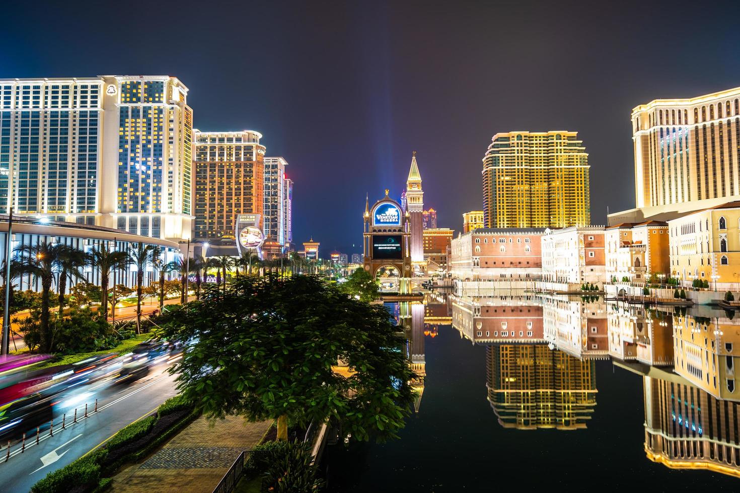 Venetian and other hotel resort and casino in Macau city, China at night photo