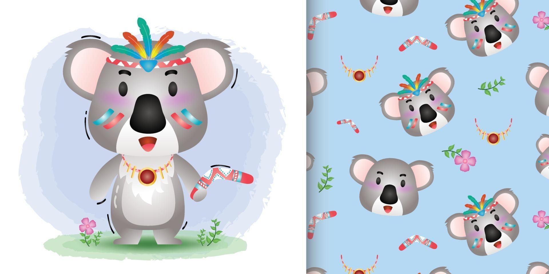 Cute koala with aborigine costume seamless pattern and illustration designs vector